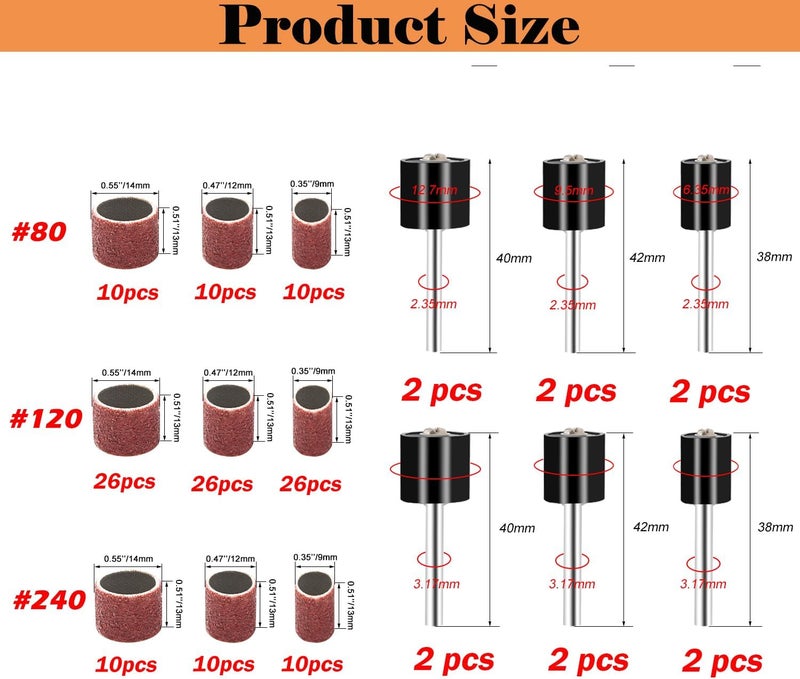 Sunxeke Sanding Drum Set for Dremel Rotary Tools-Includes 138 Aluminum Oxide Sanding Sleeves for Drum Sanders (80,120,240 Grit) and 12 Drum Mandrels-Sanding Bits Tool Accessories with Box - Image 2